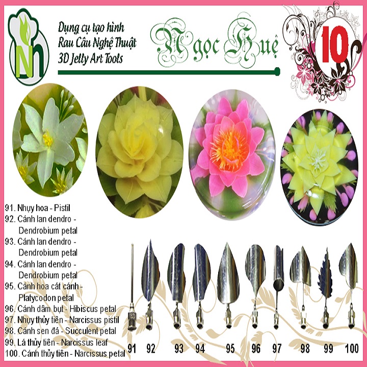 [HCM]Dụng cụ rau câu 3D Ngọc Huệ (bộ số 10 - hoa lan denpro hoa thủy tiên sen đá dâm bụt)