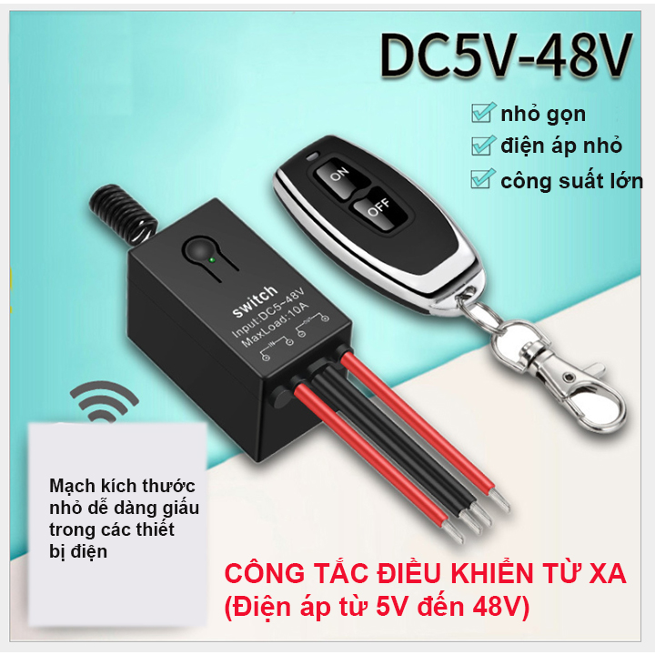 Công tắc điều khiển từ xa 5V 6V 12v 24v 36v 48V/ Dc cho thiết bị điện 1 chiều công suất 10A có học lệnh tần số 433MHZ