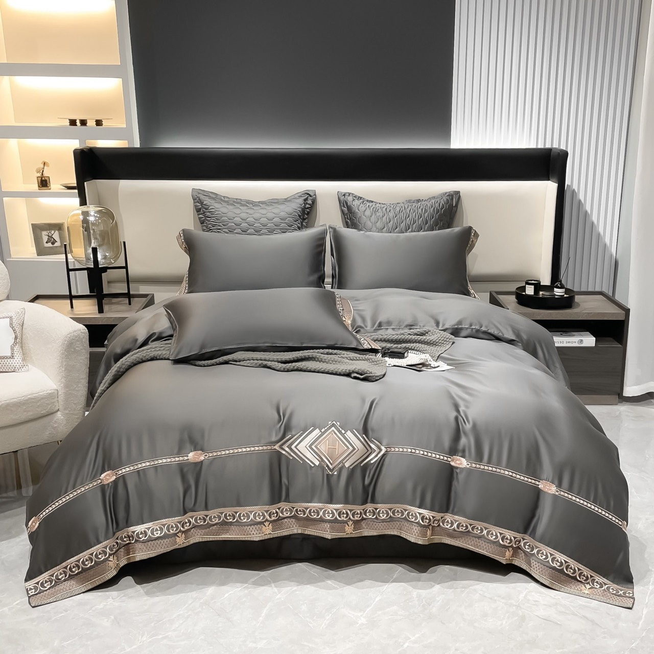 Set 6 món chăn ga gối lụa tencel 100s thêu siêu cấp - ga chần phủ thời thượng sang trọng