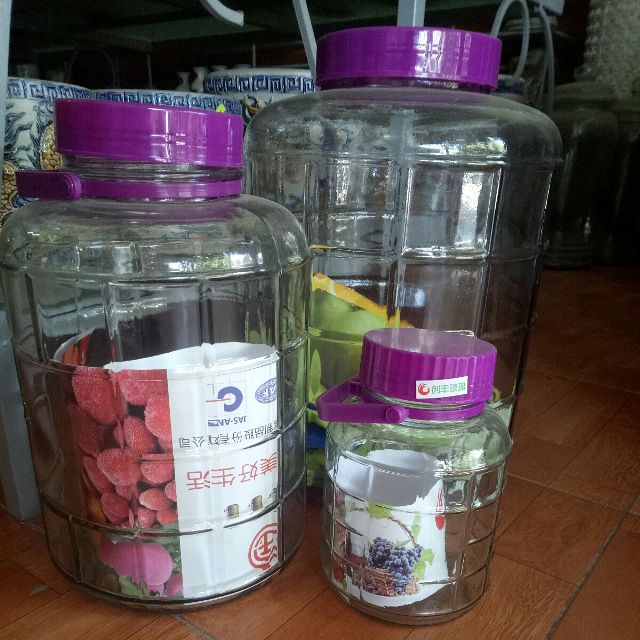 Bình thủy tinh ngâm rượu 3 lít KHÔNG VÒI ( SÂM , nắp tím quai xách, dáng kim cương )
