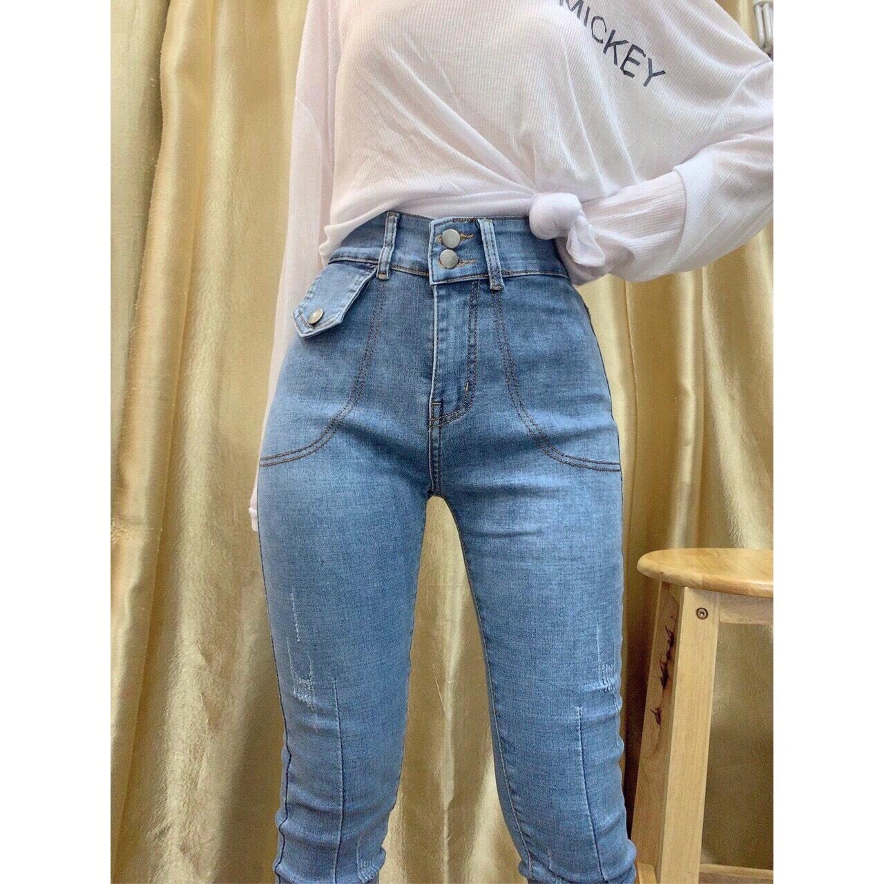 Quần jean nữ KIỂU LẮP TÚI 1 BÊN - hai cúc - lưng siêu cao size 26 - 30  JK0