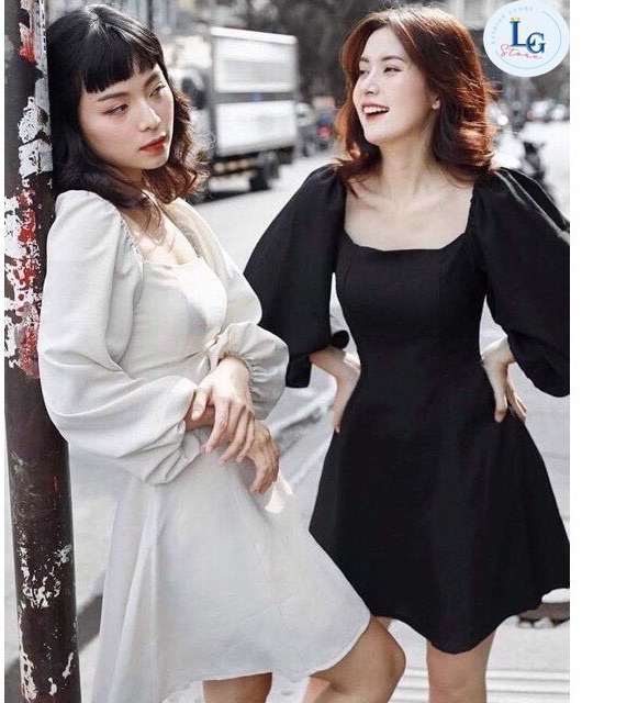 Đầm xòe tay phồng cổ vuông dễ thương