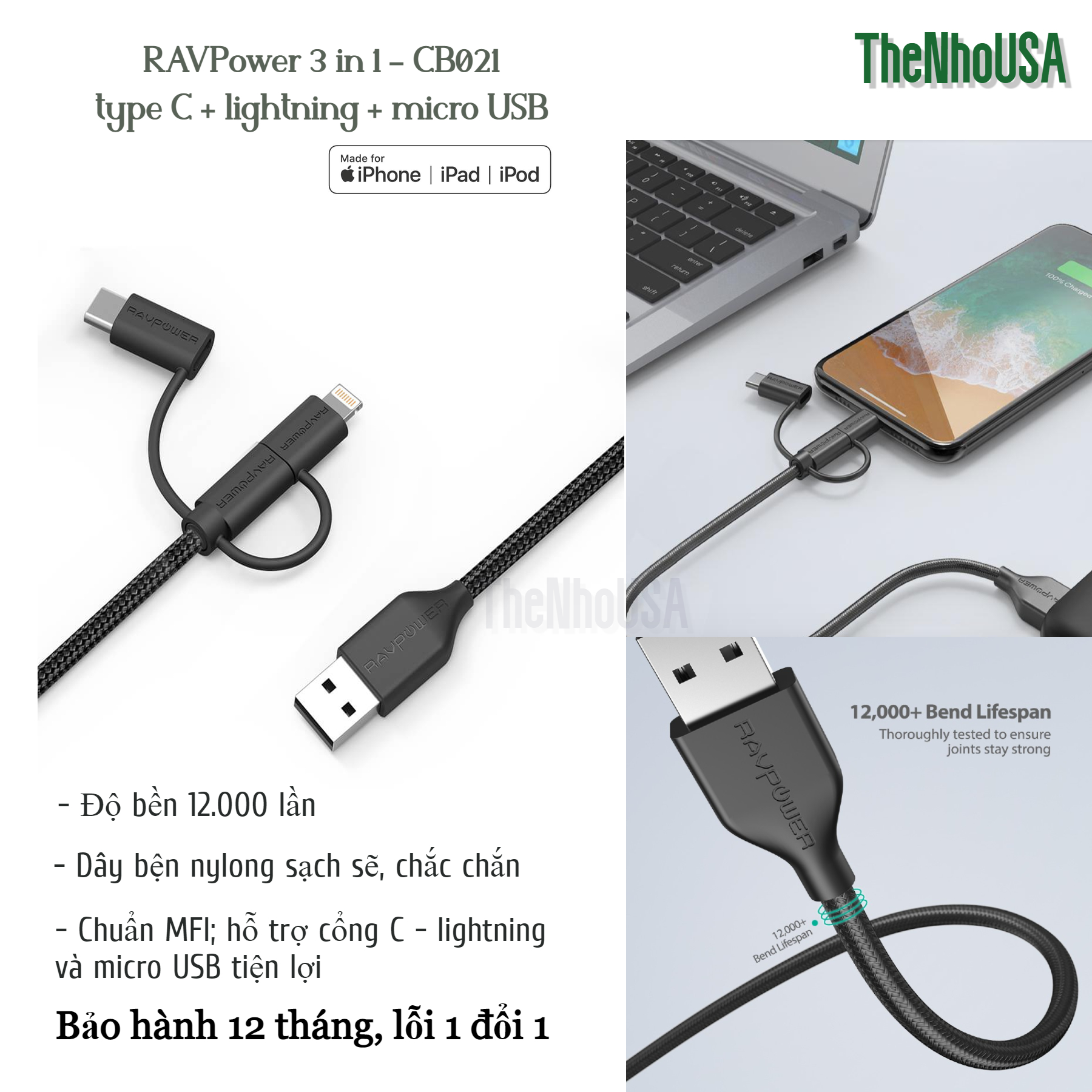 Cáp sạc nhanh 3 in 1 RAVPower CB021 - Type C - Lightning - Micro USB [BH12T]
