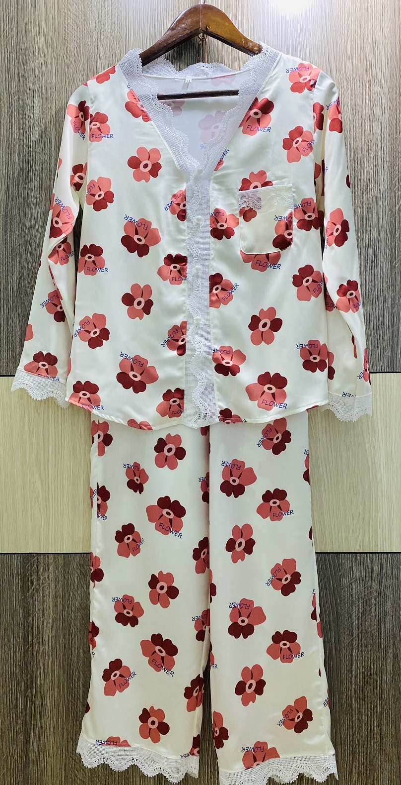[HCM]Đồ Bộ Lụa Tơ Tằm Hoa Phối Ren