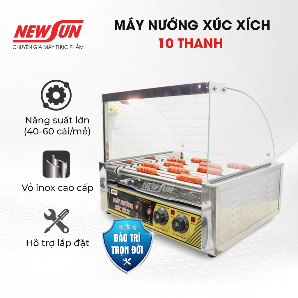 Máy Nướng Xúc Xích 5Thanh, 7 thanh, 10 thanh Kính cong NEWSUN- Năng suất 15-60 cái/mẻ, Tiết kiệm chi phí, Bảo hành 12 tháng