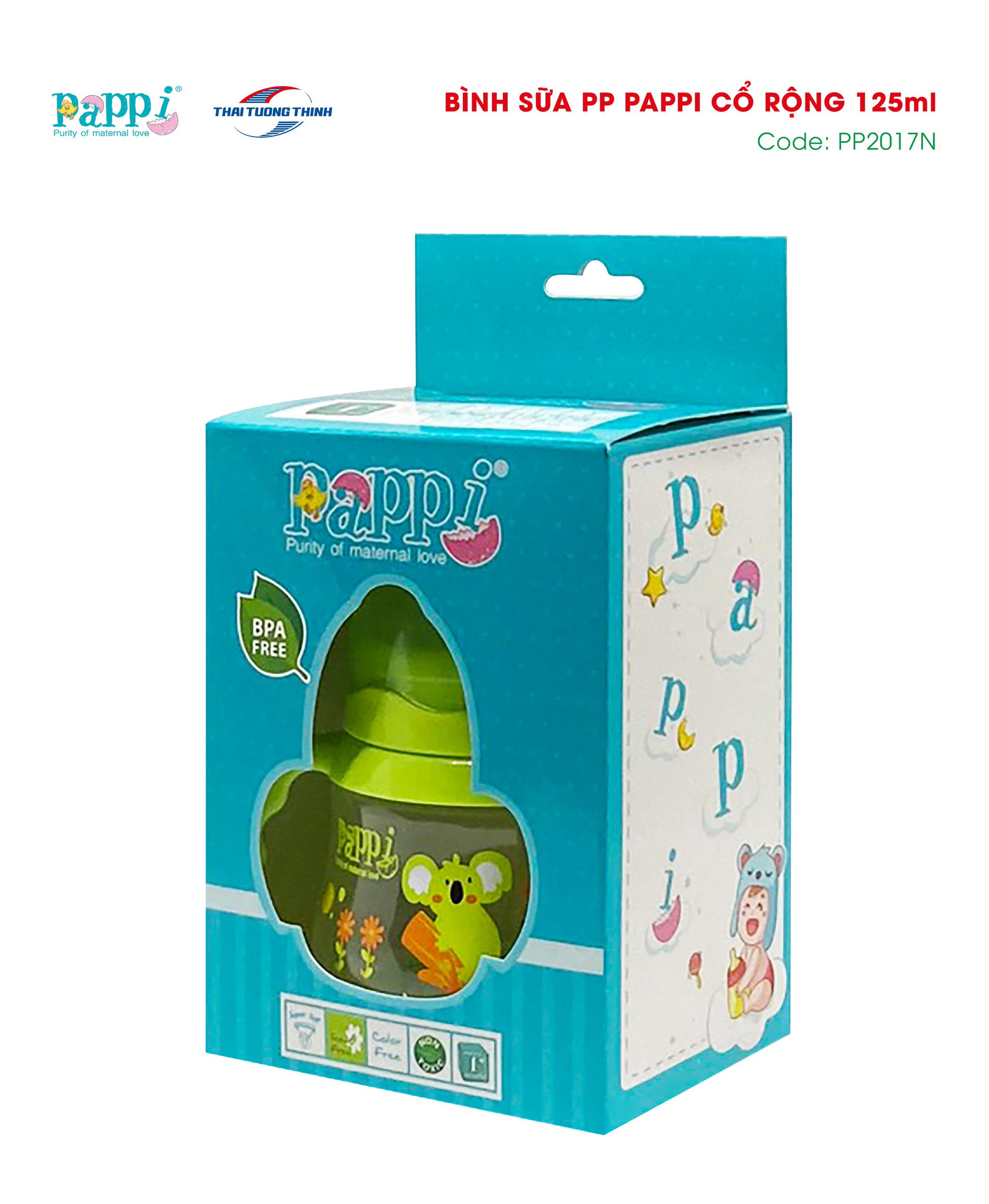 Bình Sữa cổ rộng tay cầm Pappi 150ml Thailand