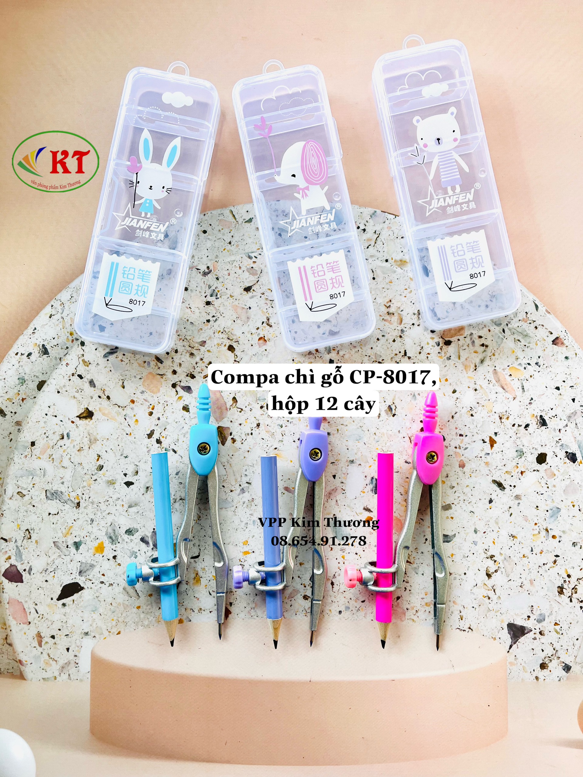 Compa chì gỗ (CP-8017) gồm 3 màu hồng, xanh dương, tím