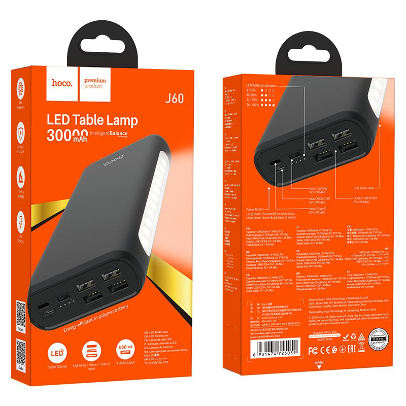 Pin Dự Phòng Hoco J60 Polymer 4 Cổng Usb 2.0a 30000mah Đèn Led