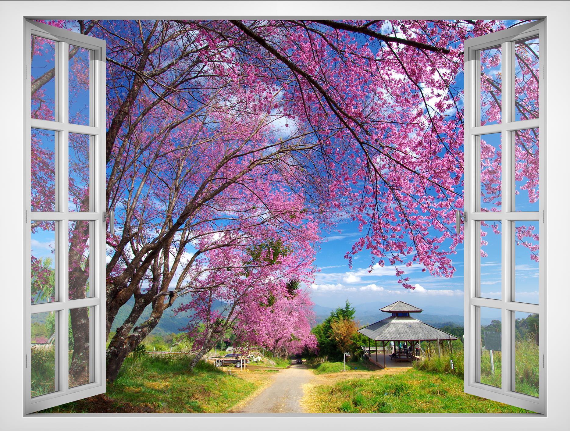 Tranh dán tường cửa sổ VTC Cảnh đẹp hoa anh đào VT0384 phủ kim sa