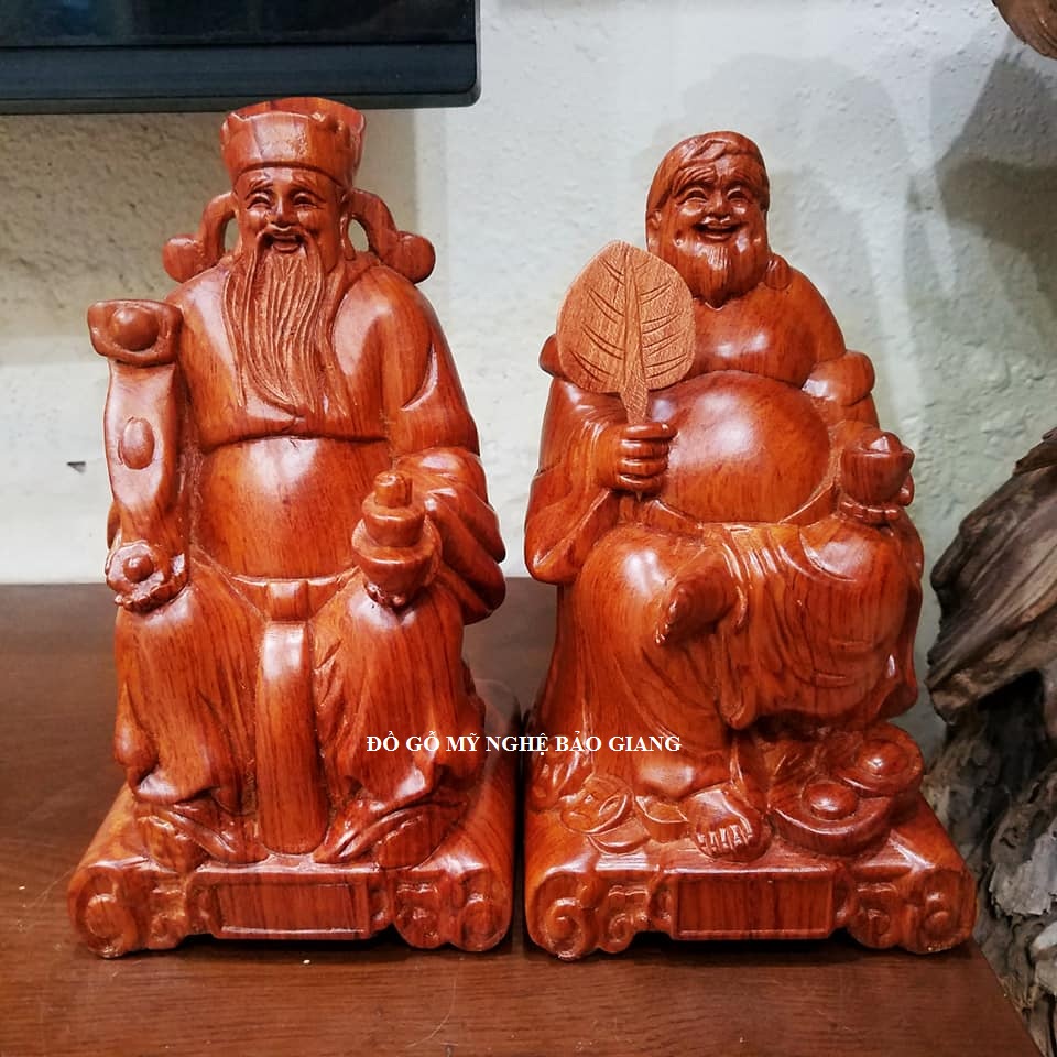 Bộ tượng thần tài thổ địa gỗ hương cao 20cm