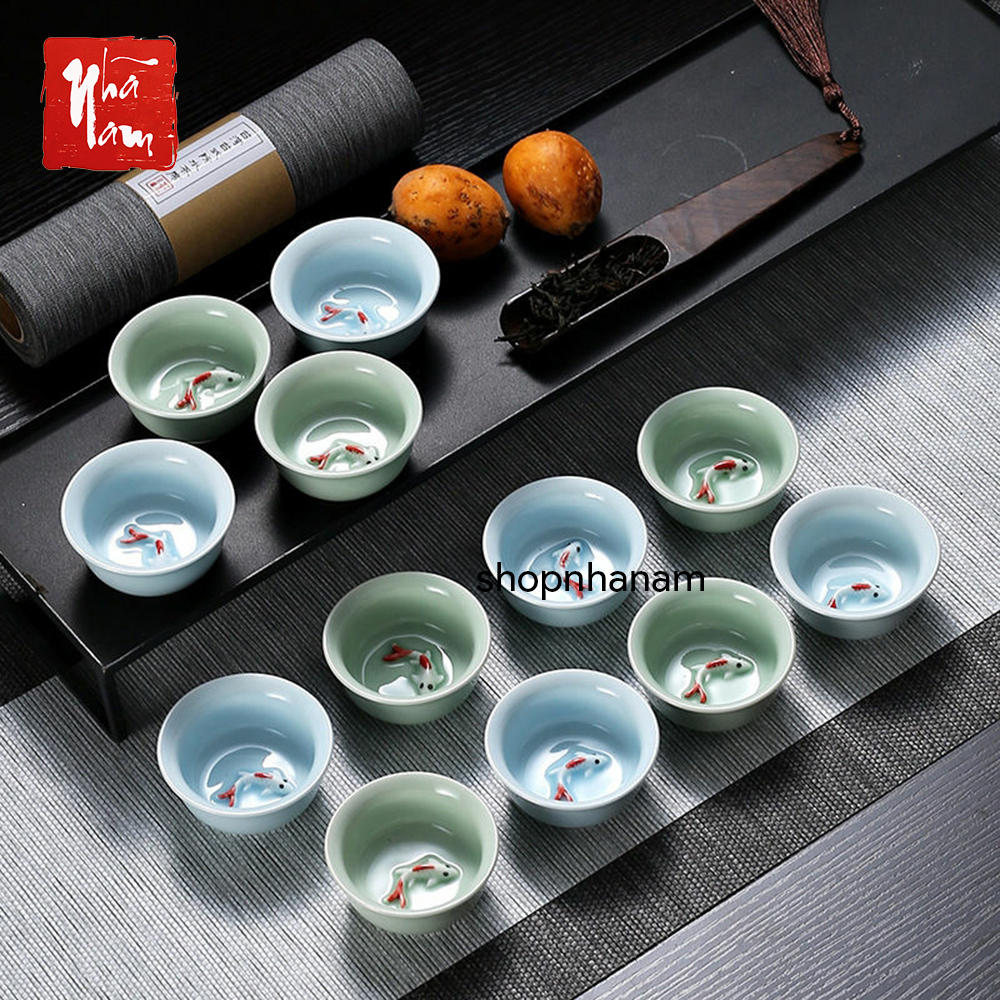 Chén gốm sứ cá chép 3d men ngọc, chén trà phụ kiện bàn trà