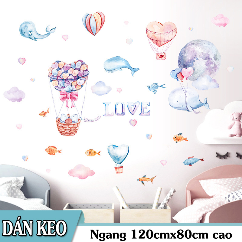 Decal dán tường trang trí - love cá voi khinh khí cầu
