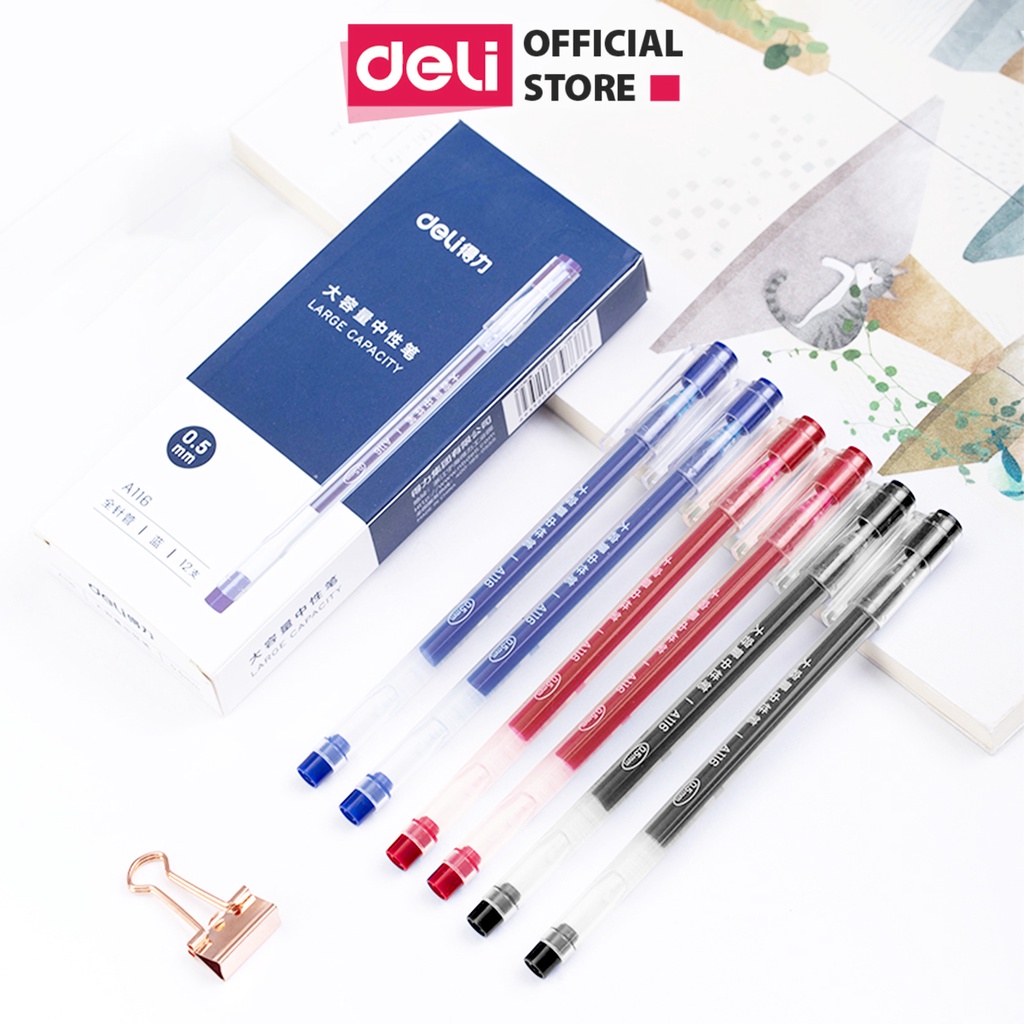 Combo 20 Bút bi nước xanh đỏ đen DELI, Bút gel mực nước ngòi 0.5mm viết chữ đẹp cho học sinh, văn phòng - A116