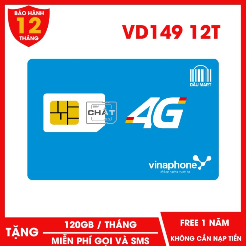 SIM 4G Vinaphone VD149 12T Free 12 Tháng Tặng 120GB / Tháng Miễn Phí Nghe Gọi & SMS 12 Tháng Không Cần Nạp Tiền - Dâu Mart