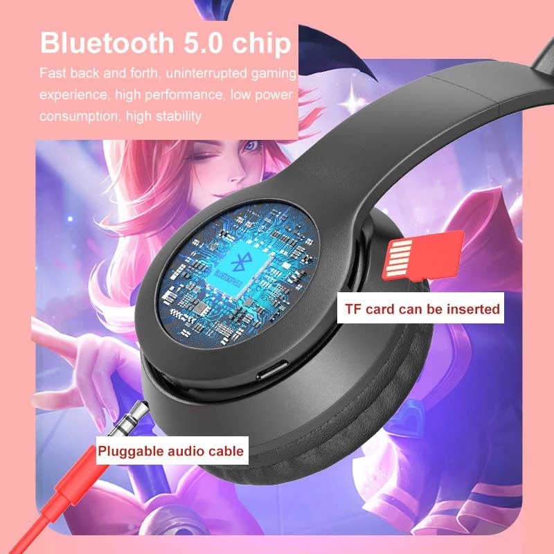 Tai Nghe Mèo Bluetooth Không Dây Chống Ồn,Tai Nghe Chụp Tai Có Mic,Mạnh Mẽ Nghe Nhạc Cực Hay,Hỗ Trợ Cắm Dây Cắm Thẻ Nhớ