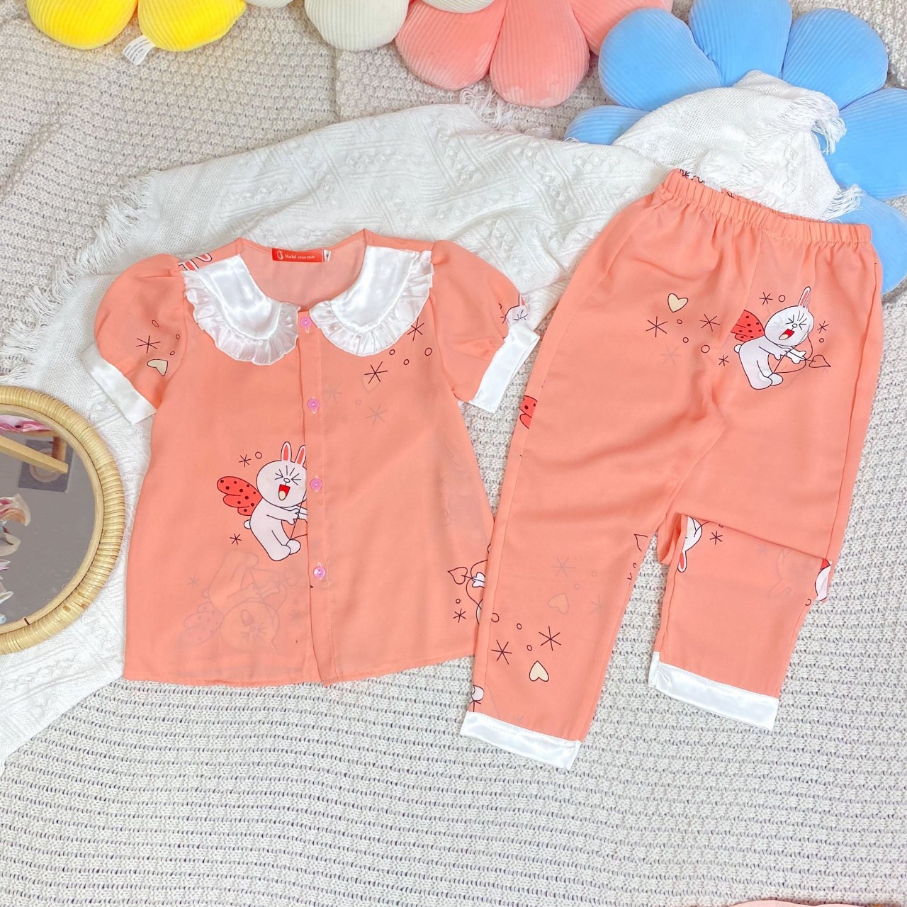 Bộ đồ pijama cổ bèo mặc nhà lụa mango cho bé gái