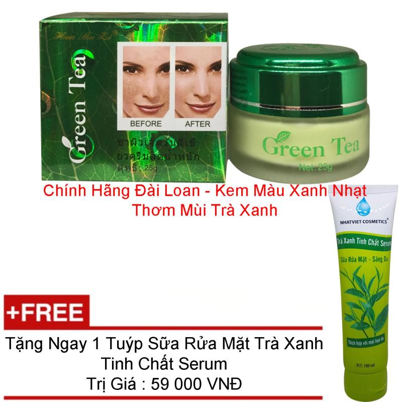 KEM TRỊ NÁM TRẮNG DA TRÀ XANH GREEN TEA TAIWAN 25G + TẶNG SỮA RỬA MẶT SÁNG DA TRÀ XANH TINH CHẤT SERUM 100ML NHẬT VIỆT COSMETICS