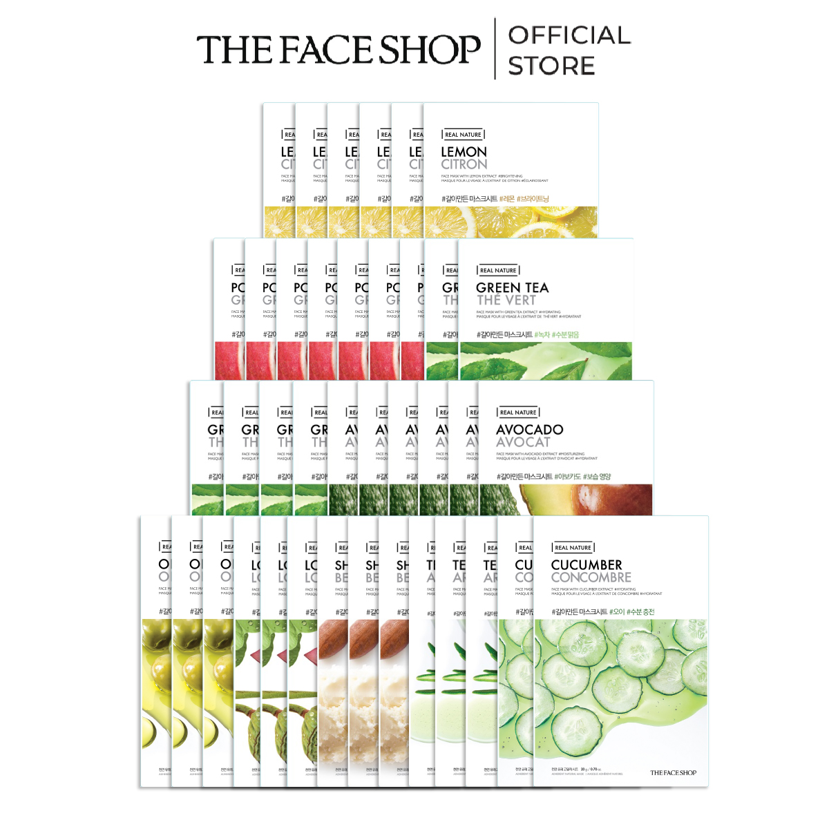 Combo 39 Mặt Nạ Real Nature The Face Shop 20g (oliu,hoa sen,bơ hạt,tràm trà,dưa leo,chanh,lựu,trà xanh,bơ)