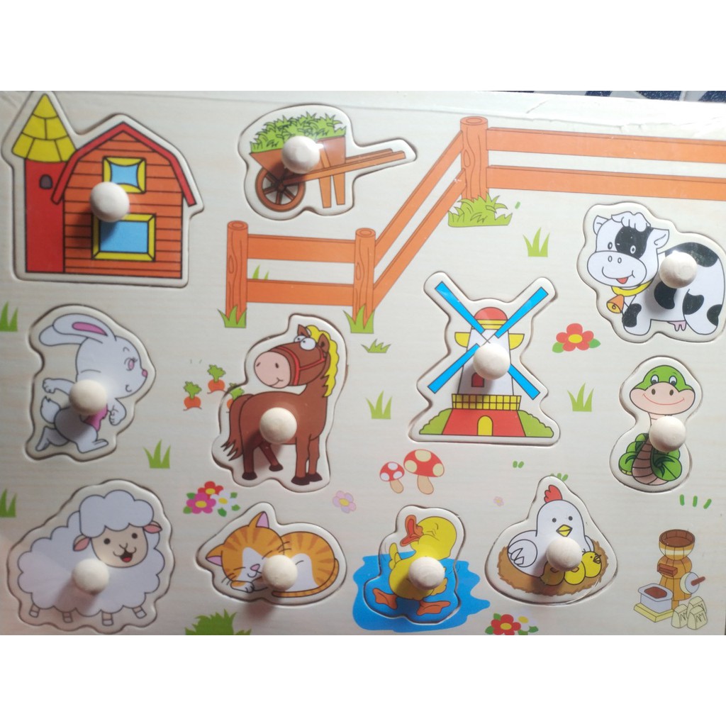 Bảng gỗ ghép hình học tập cho bé ( có núm gỗ , hình chữ cái, số đếm, phương tiện, động vật,...)