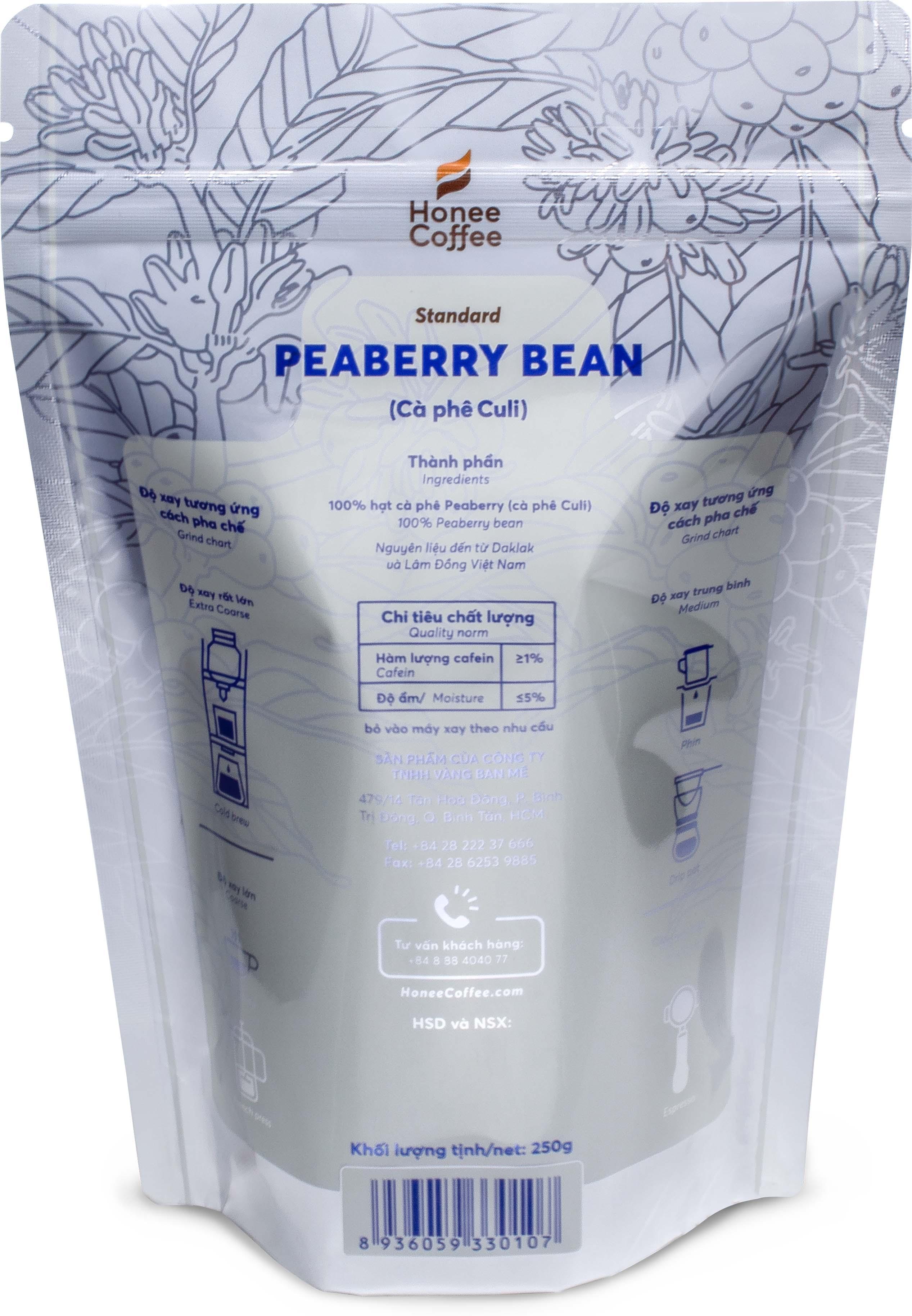 Cà Phê Hạt Rang Peaberry (Culi) Cơ Bản - 250gr - Honee Coffee