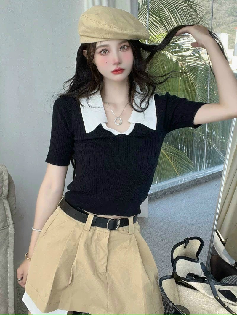 ÁO THUN GÂN LEN CỔ BẺ VIỀN NHẤN XINH