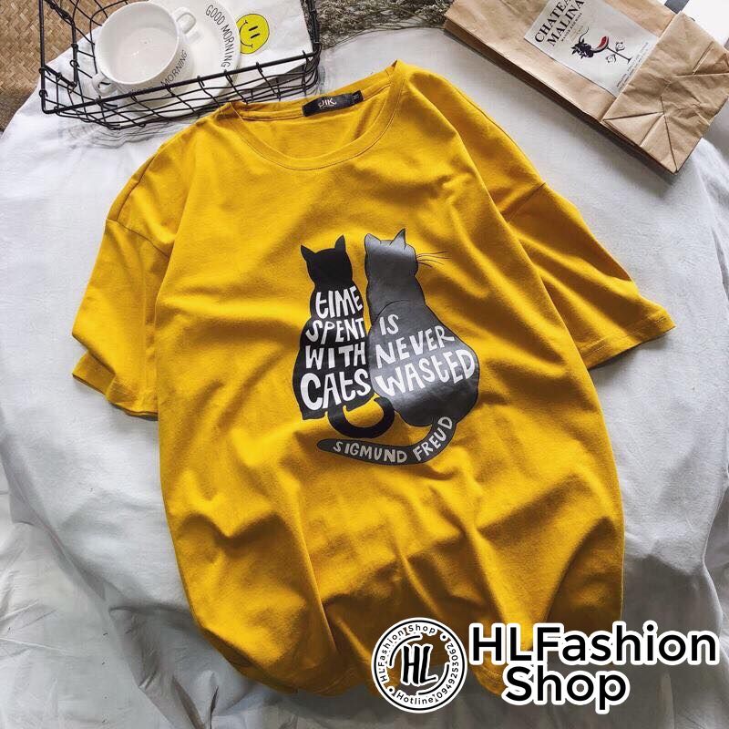 Áo thun tay lỡ form rộng Unisex Mèo Đôi kute áo phông form rộng size HLFashion