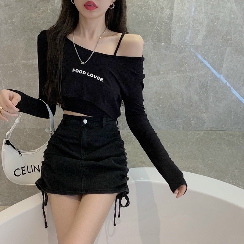 Chân váy kaki lưng cao dây rút hai bên may kèm quần