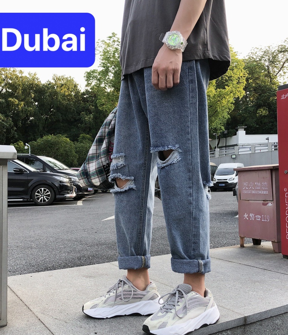QUẦN BAGGY JEAN NAM XANH CHẤT BÒ ỐNG SUÔNG RỘNG RÁCH GỐI SIÊU SANG DB-1035 CAO CẤP - DUBAI FASHION