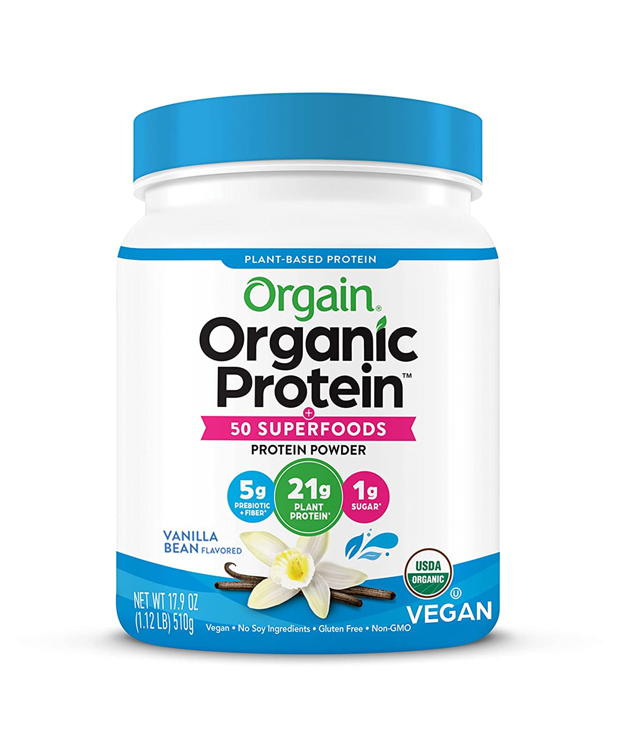 Orgain Organic Protein + Superfoods Powder, 21g of Protein, Vegan, Plant Based, 6g of Fiber, No Dairy, Gluten, Soy or Added Sugar, Non-GMO, 1.12 Lb