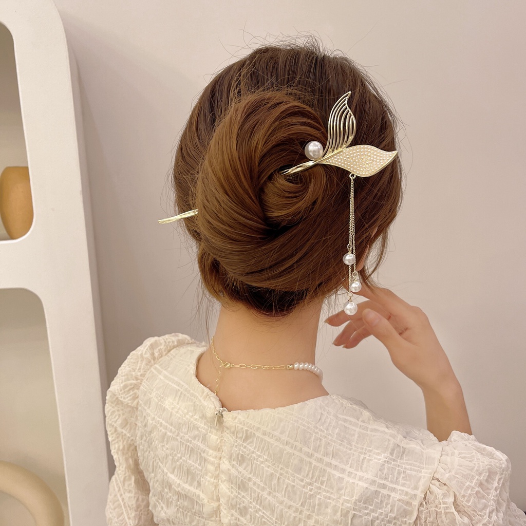 Trâm Cài Tóc Hình Đuôi Cá Đính Đá Và Hạt Châu Đơn Giản Thời Trang