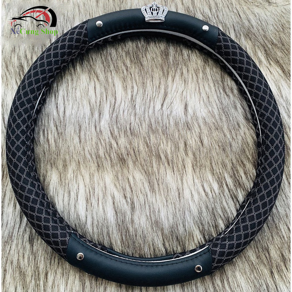 Steering Wheel Cover with High-Quality Leather Crown Logo Embellished with Stones