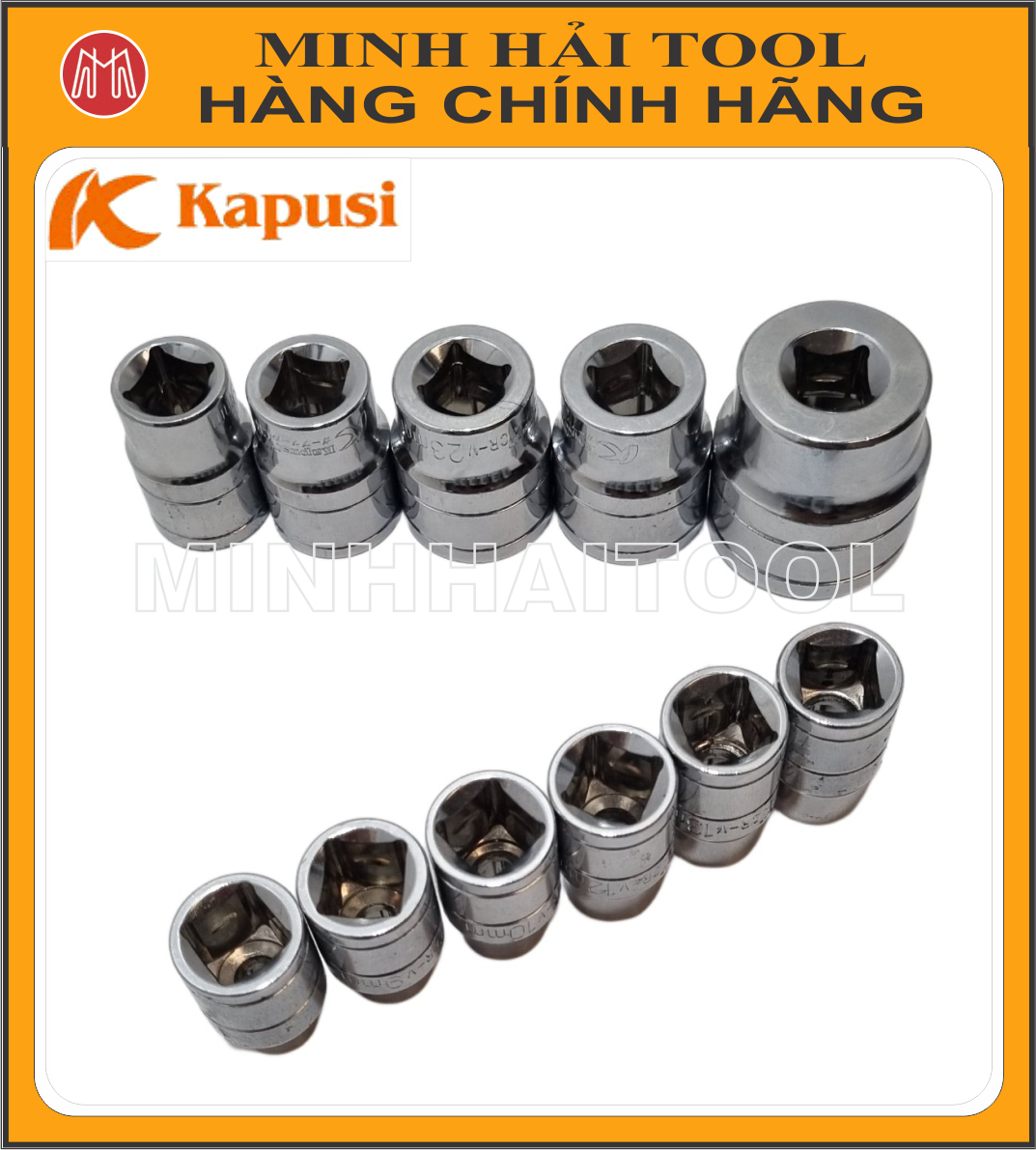 Kapusi Japan – Đầu típ lục giác ½” dài 38mm, cỡ 8mm-32mm. Model: K-6000 – K-6022. Chất liệu: Thép CR-V
