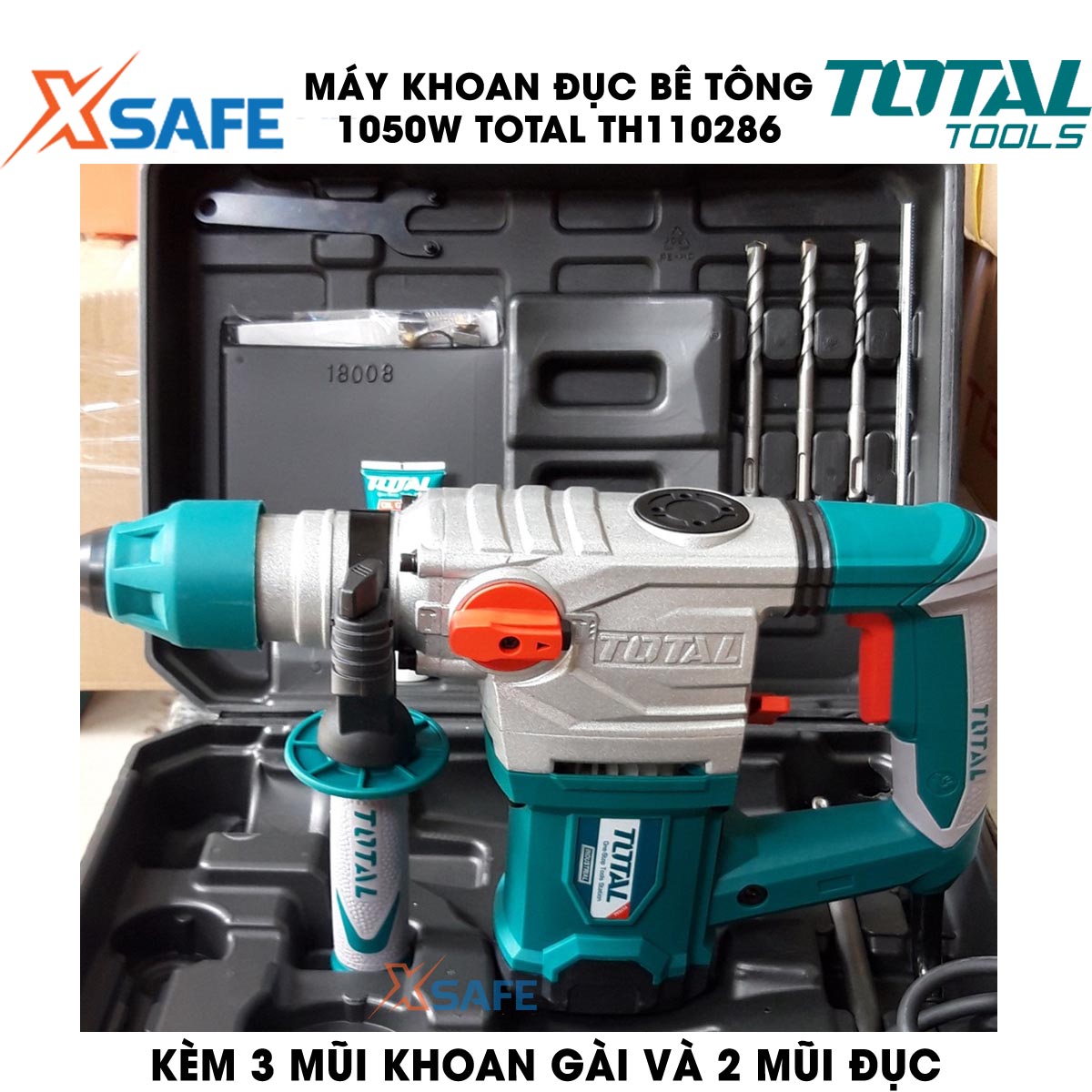 Machine drill chisel concrete 1050W TOTAL TH110286 bundled 3 drill bit Tuck and 2 tip chisel. Machine drill chisel hand have no-load 0 - 900 rpm/min, speed hammer 0 - 4000 times/min, genuine warranty 6 months-product genuine XSAFE