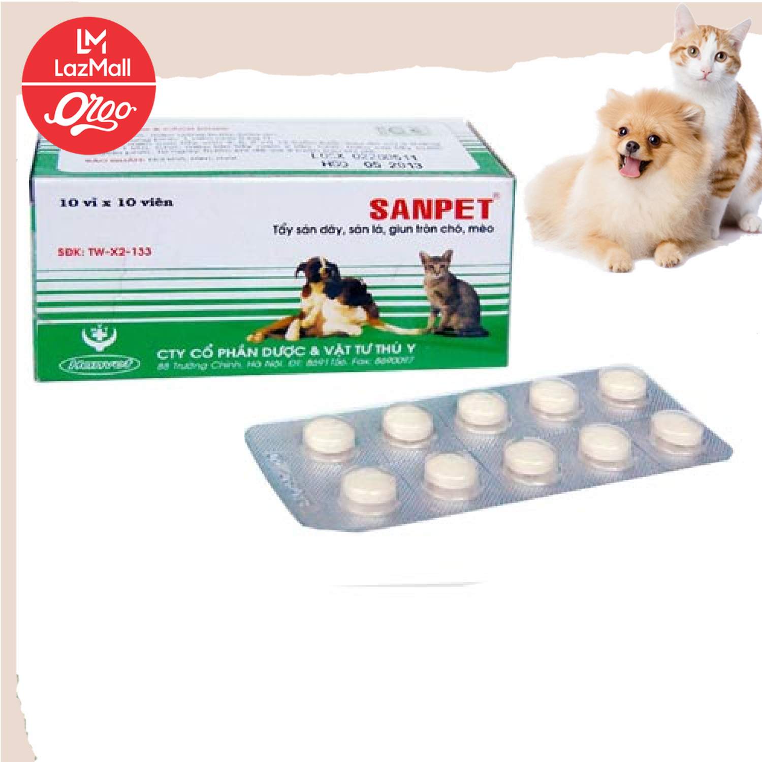 Orgo - 1 viên Tẩy GIUN chó mèo SANPET tây giun chó / tẩy sán chó / tẩy giun chó mèo / xổ giun chó mèo