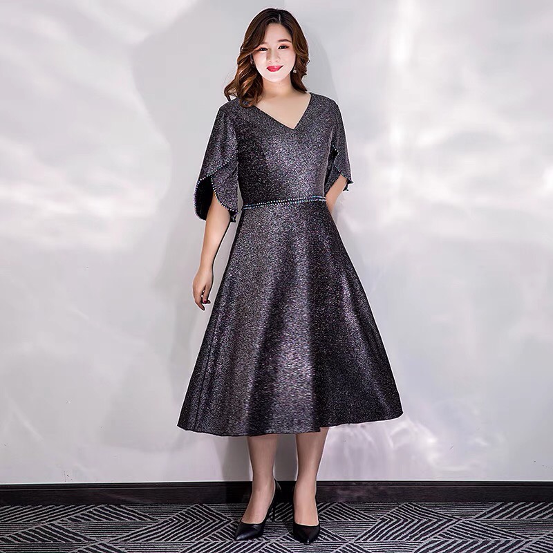 Đầm xòe trung niên bigsize xám nhũ cao cấp