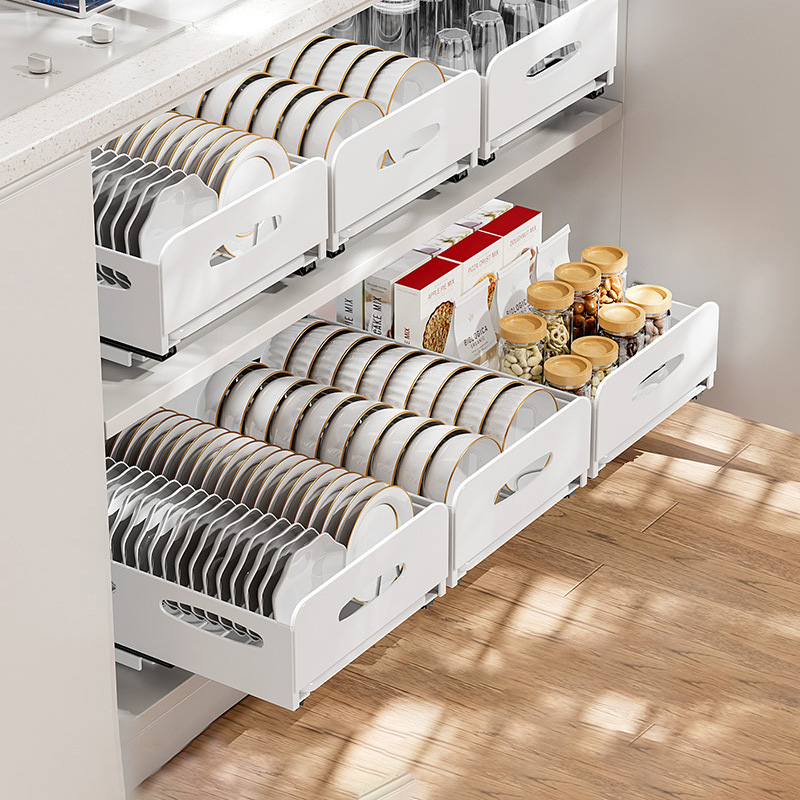 Drawer kitchen dish rack Kitchen cabinet built-in pull-out tray tray storage rack Household drawer cutlery cup rack