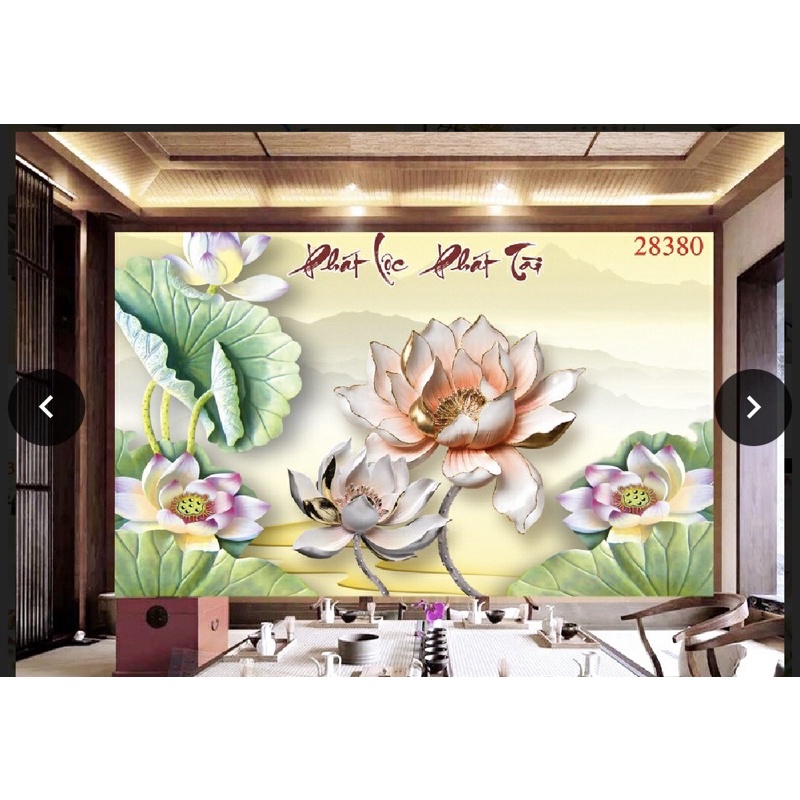 Tranh hoa sen dán tường 3d. tranh in vải lụa chống ẩm mốc siêu bền
