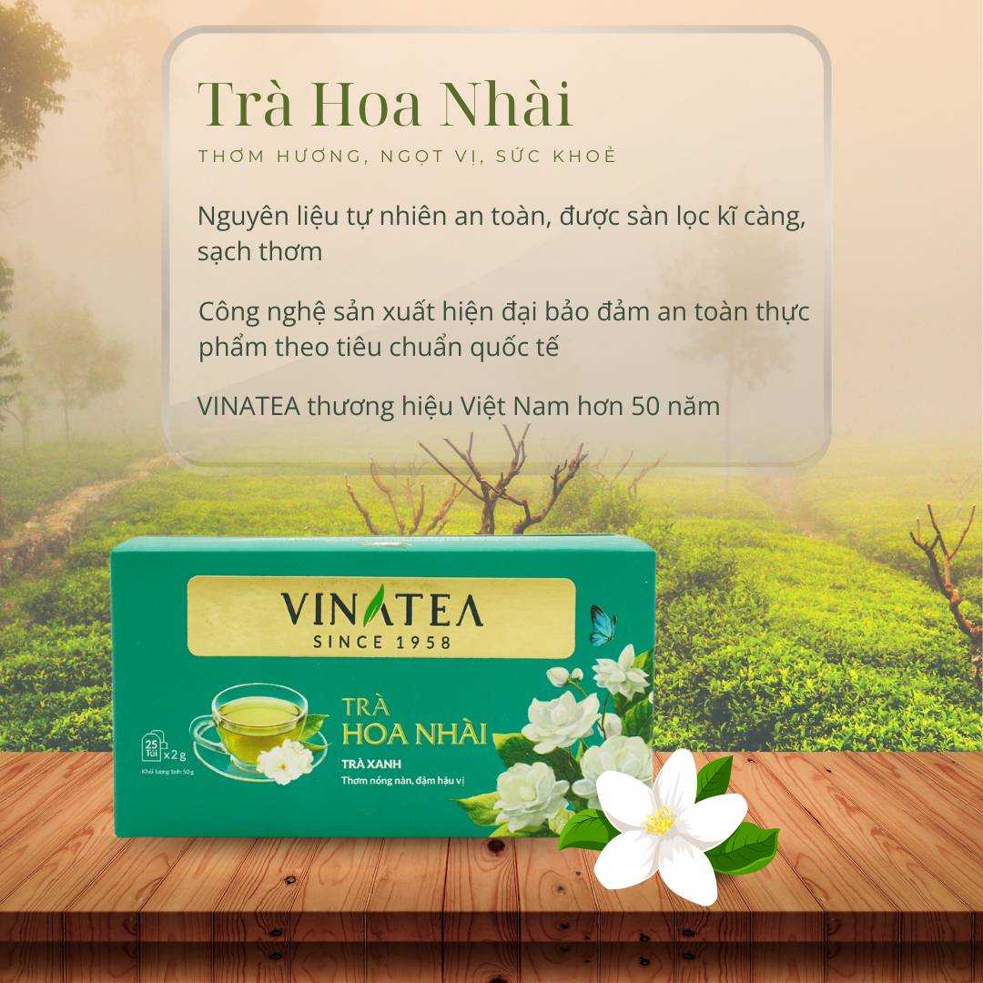 Trà Nhài khối lượng 50g, trà túi lọc hộp 25 túi ướp nhài tự nhiên vị thanh mát dịu ngọt, trà Vinatea