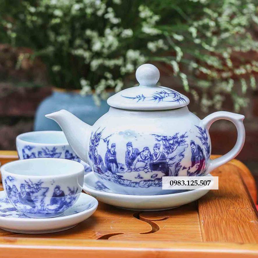 Bộ ấm chén men lam ''Bình An'' - vẽ Trúc Lâm Thất hiền
