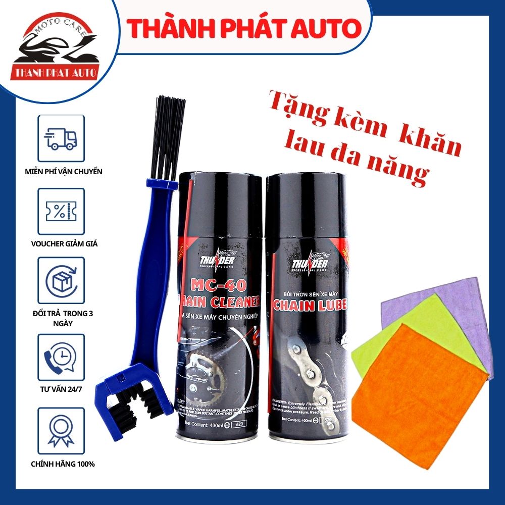 [HCM]Bộ sản phẩm rửa sên MC-40 400ml Bôi trơn bảo vệ sên Thunder 400ml tặng bàn chải vệ sên cao cấp và khăn lau đa năng