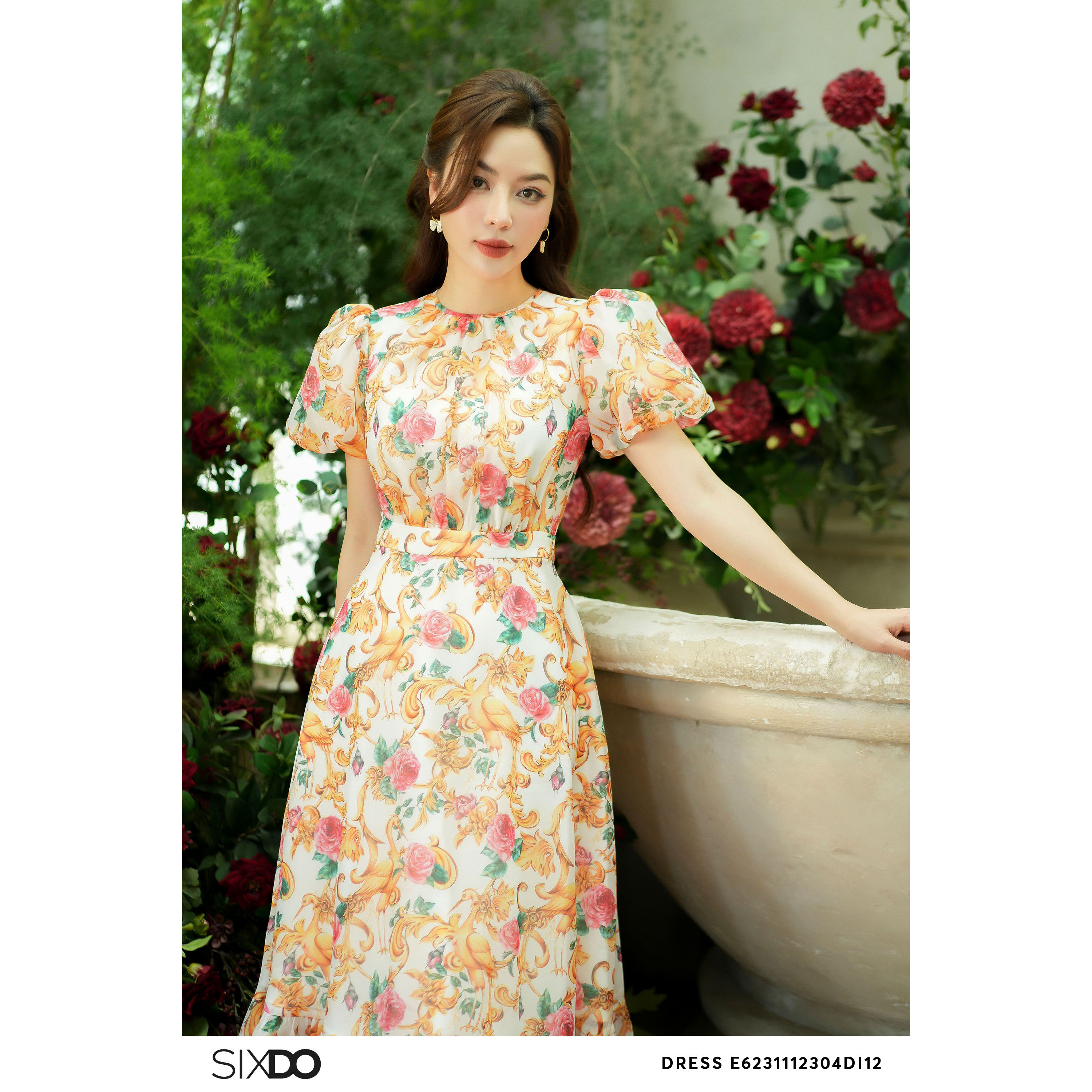 Đầm tơ organza tay phồng SIXDO (Print Organza Midi Dress)