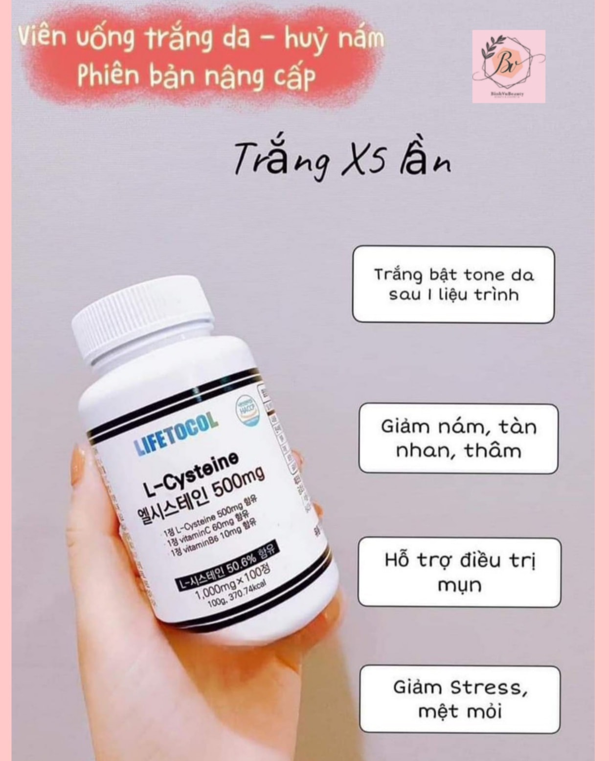 Viên uống trắng da L-cysteine Lifetocol 500mg hộp 100 viên