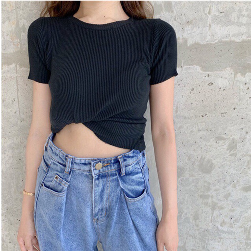 Áo thun nữ cổ tròn tay cộc - áo thun body chất thun gân đẹp