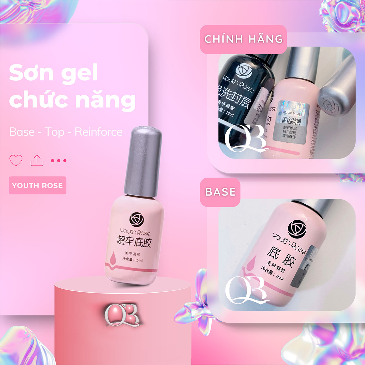 Base gel top gel cứng móng hoa hồng (Youth Rose)