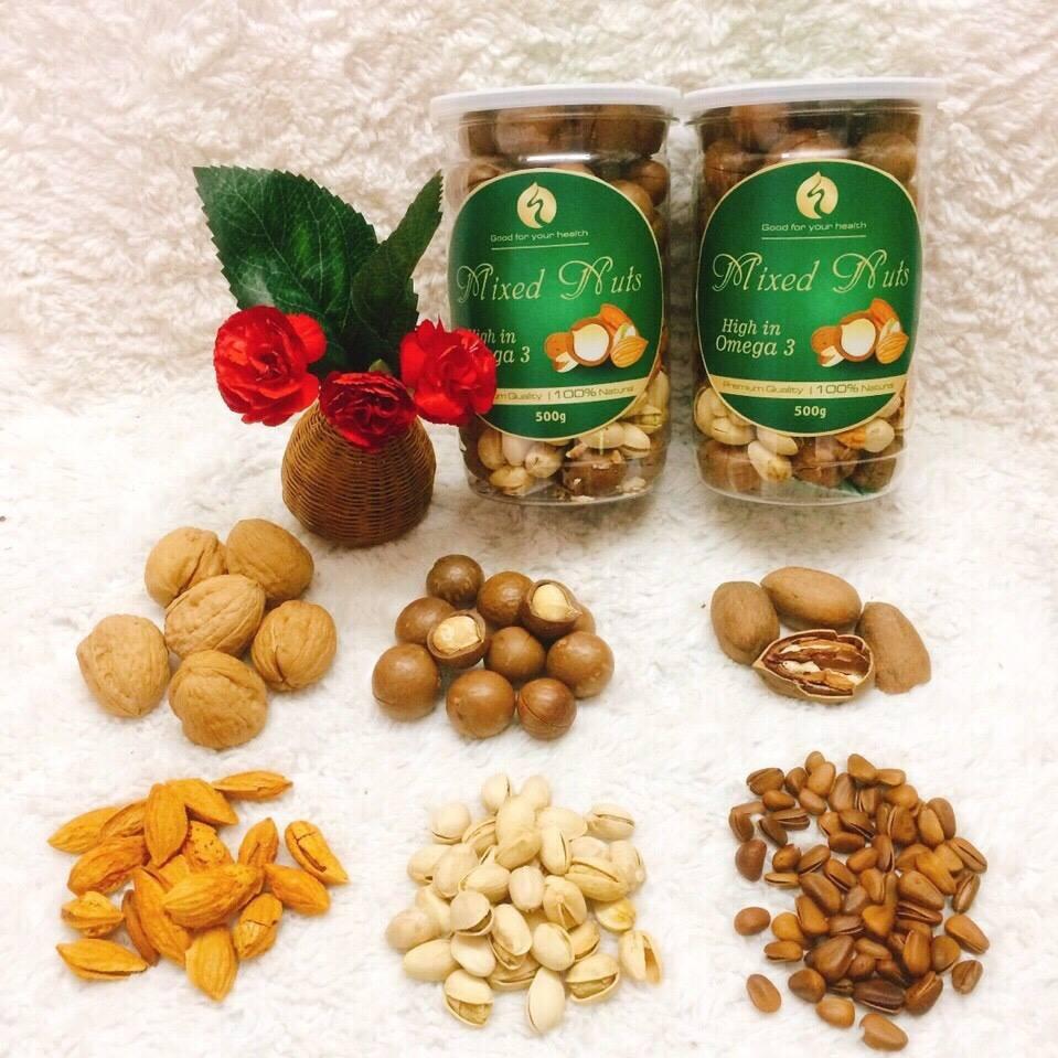 [HCM]Mix Nuts 6 loại hạt (Óc chó hạnh nhân Thông Mỹ macca Hồ Đào hạt dẻ cười)-Hộp 500gr