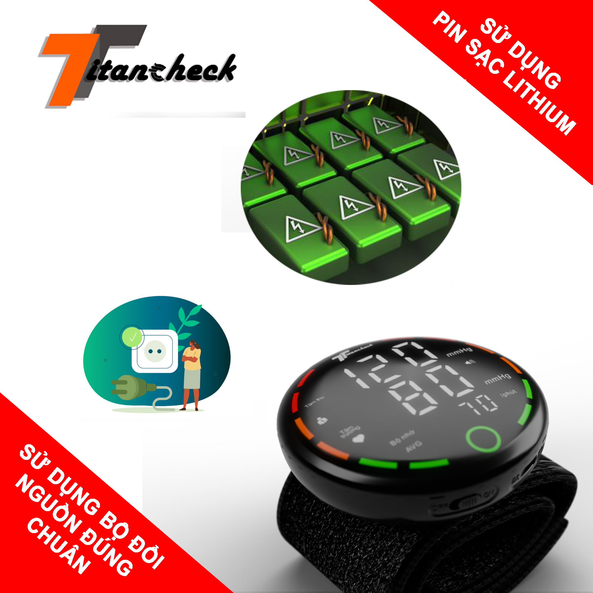 Máy đo huyết áp cổ tay TITANCHECK B01C Pin sạc Lithium,Màn hình led kỹ thuật số, giọng nói tiếng Việt bảo hành chính hãng 3 năm