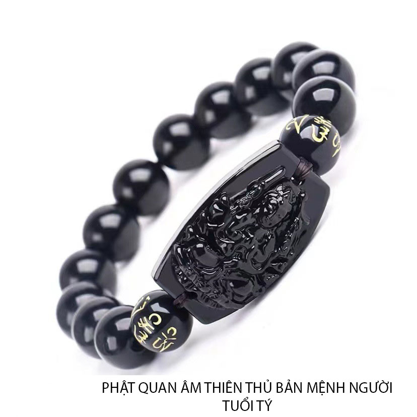 Vòng lắc tay mặt phật Quan Âm Thiên Thủ  đá màu đen 12ly cao cấp - Phật bản mệnh người tuổi Tý - vòng tay hình phật - cầu bình an may mắn