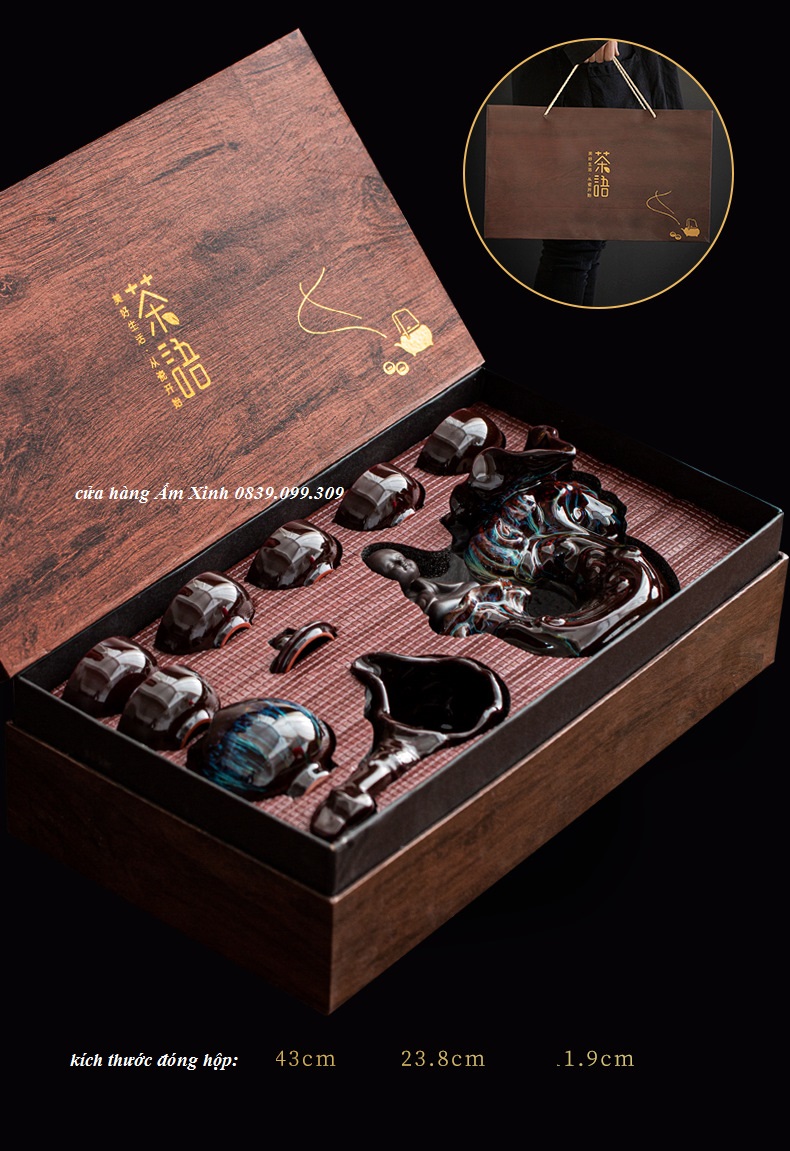 Bộ ấm chén pha trà tự động kiểu cối xay men thiên mục