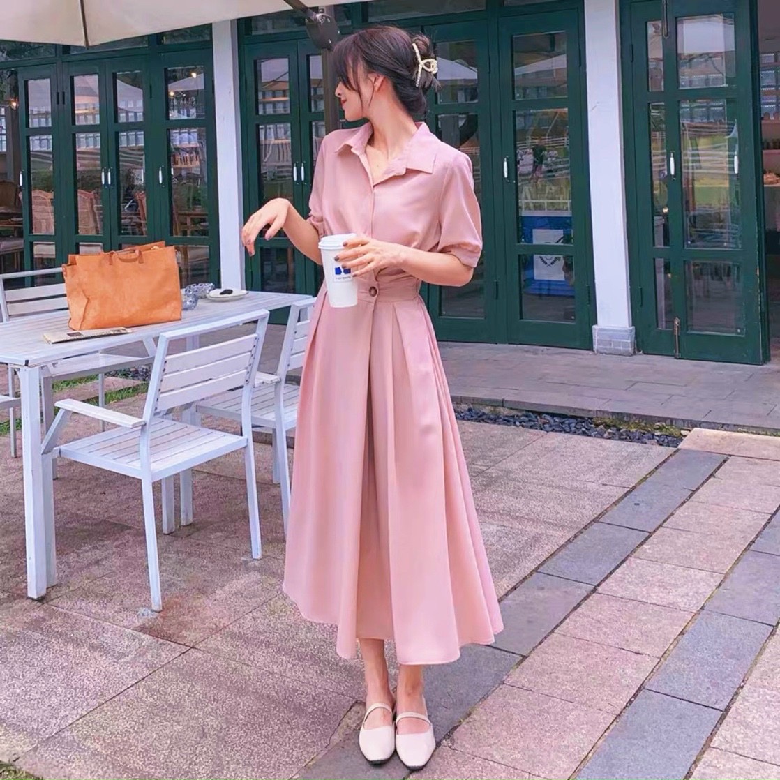 Đầm váy sơ mi nút eo tay ngắn 8 màu