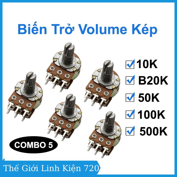 Combo 5 biến trở volume 10k / 20k / 50k / 100k / 500k, chiết áp đôi kép 6 chân